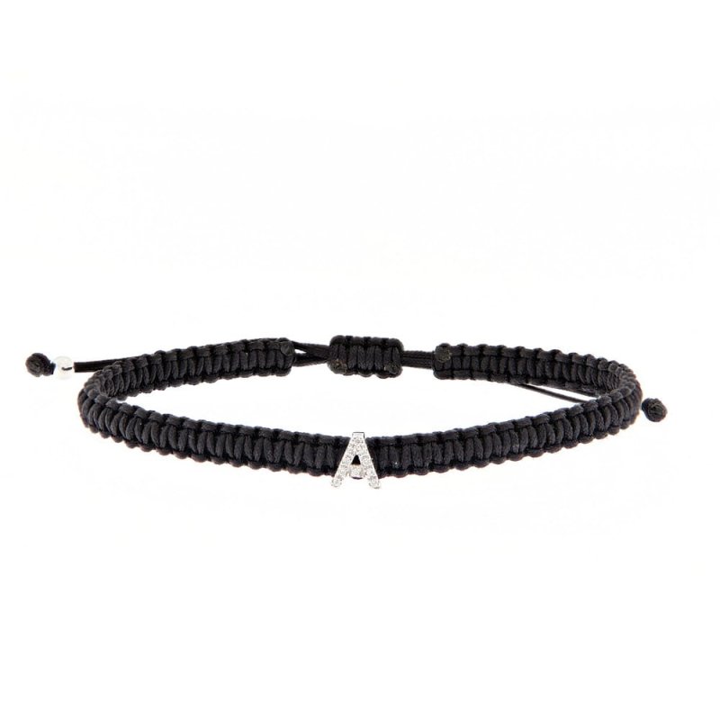 Pulsera macramé negro Letra A con brillantes