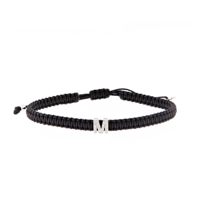 Pulsera macramé negro Letra M con brillantes